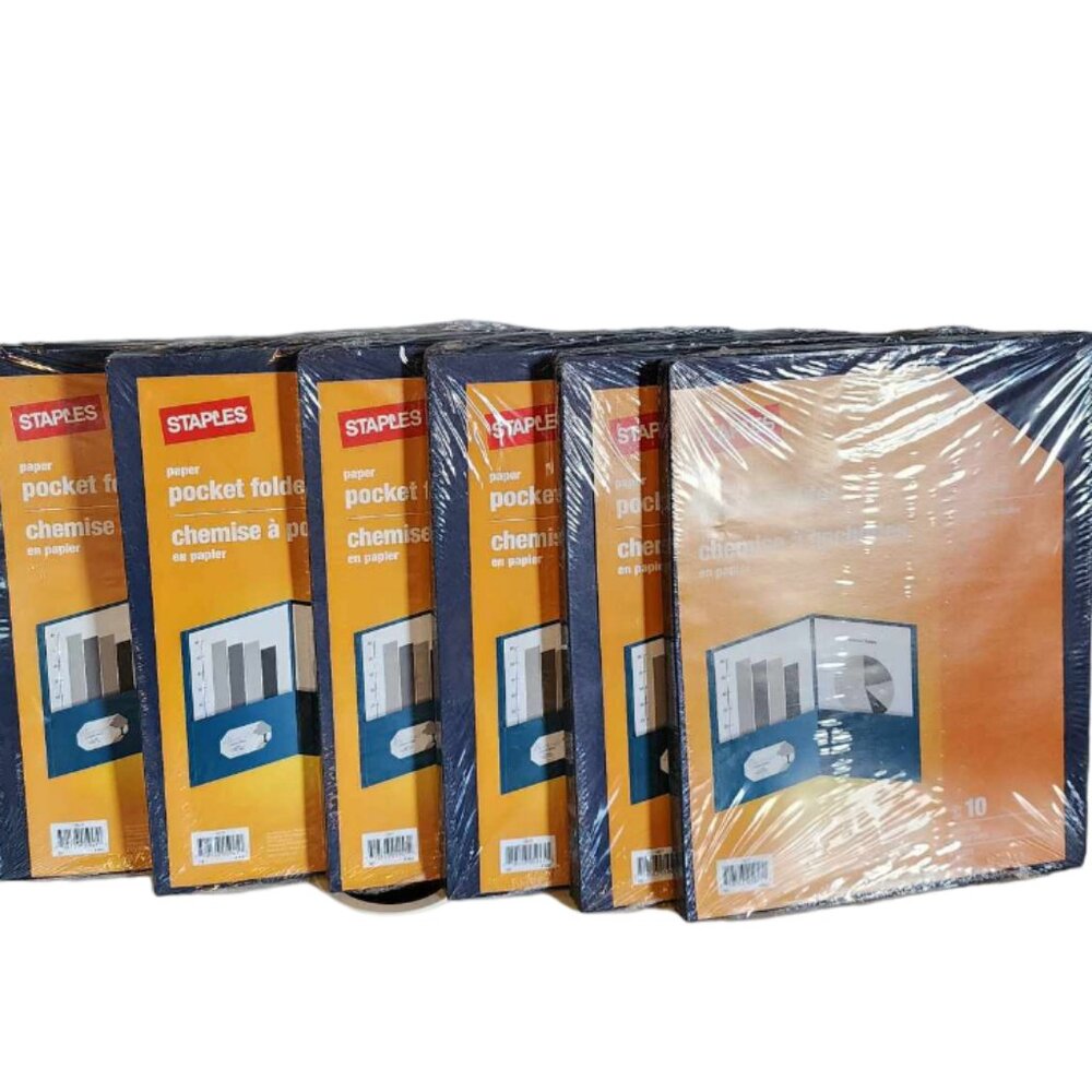 NWT - 6 Packs Staples Dark Blue Pocket Folders - 10 per pack (Total of 60!)